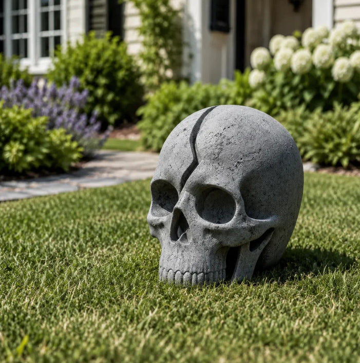 💀 Cracked Skull Solar Garden Light | Gothic Spooky Skull Landscape Yard Lamp