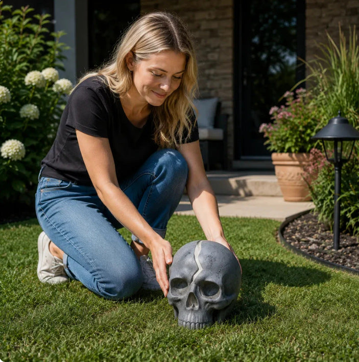 💀 Cracked Skull Solar Garden Light | Gothic Spooky Skull Landscape Yard Lamp