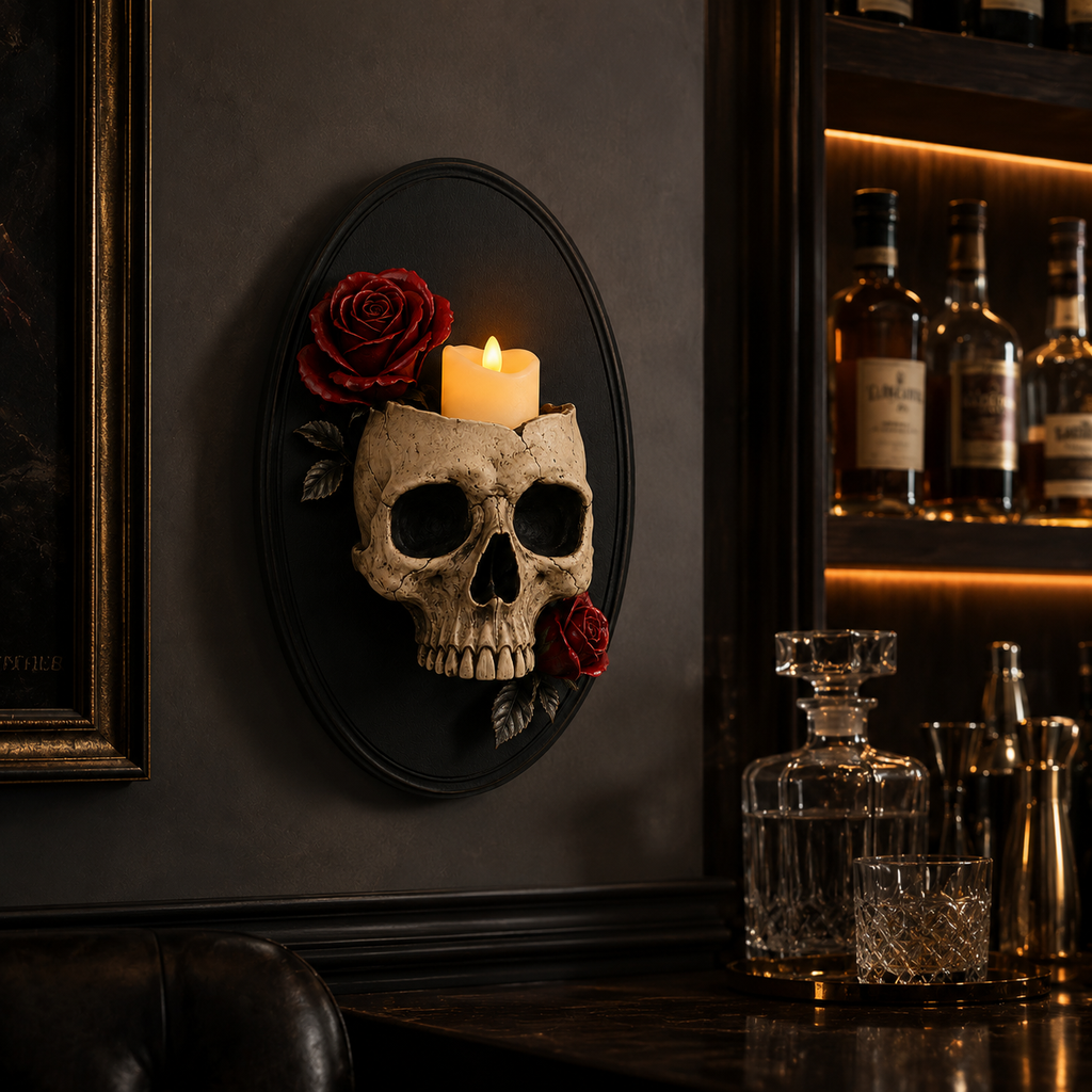 Gothic Skull Wall Candle Holder with Red Roses - Black Oval Wall Sconce Decor 🖤🌹