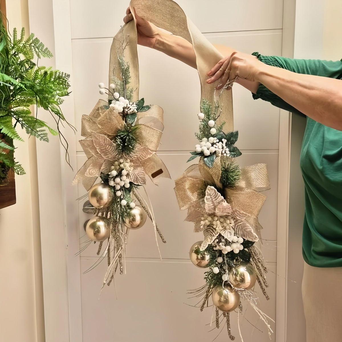 🎄Early Christmas Sale🔥Glam Gold Christmas Door Ribbon with Ornaments & Greenery