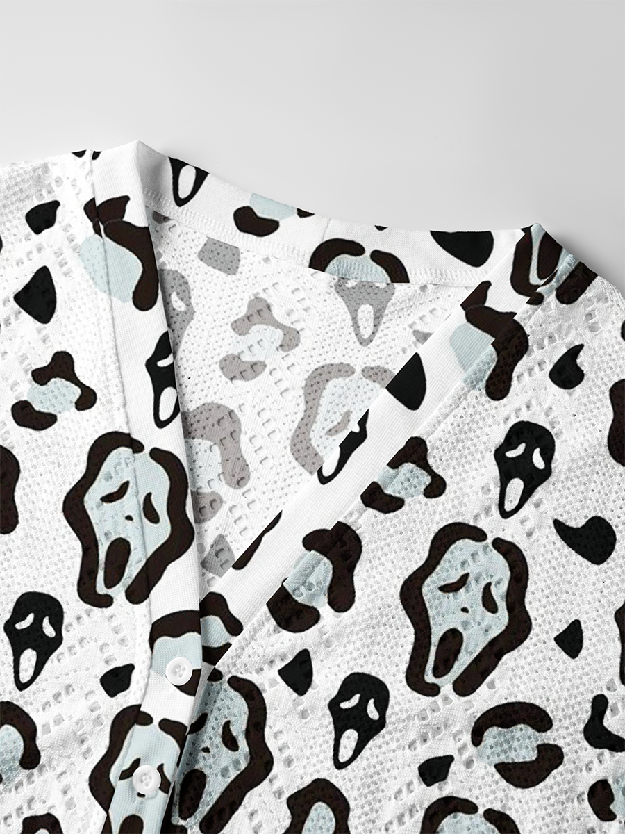 Leopard Scream Ghostface Mixed Crochet Button Down Cardigan