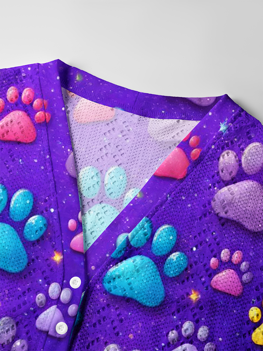 Glitter Pastel 3D Paw Print Kids Crochet Button Down Cardigan