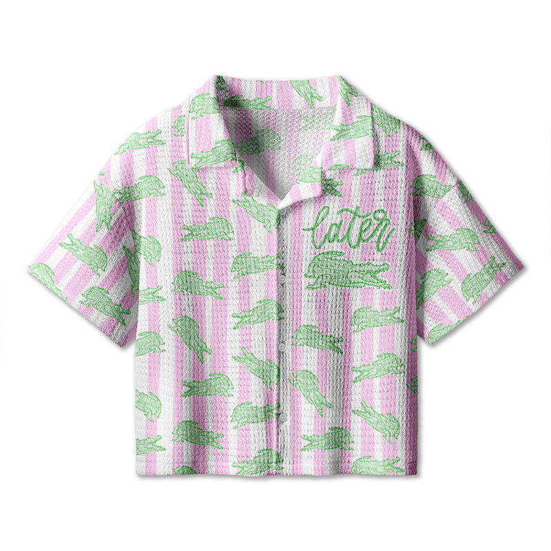 After While Crocodile Girly Preppy Boutique Teacher Crochet Crop Camp Shirt