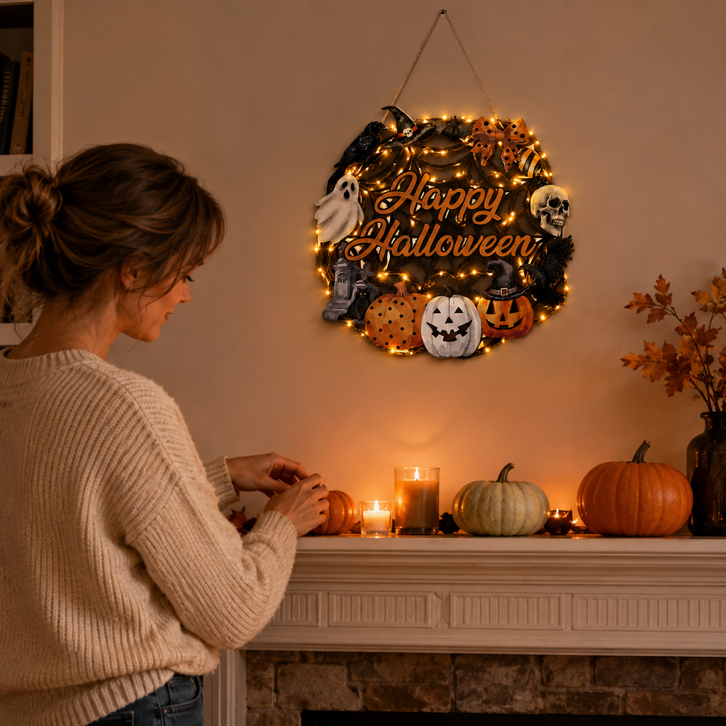 Lighted Happy Halloween Wooden Door Sign for Spooky Holiday Decor 🎃✨