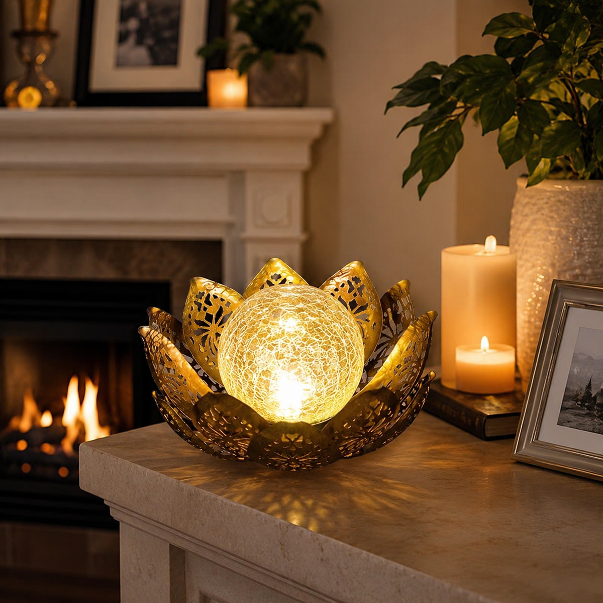 Solar Lotus Garden Light with Crackle Glass Globe