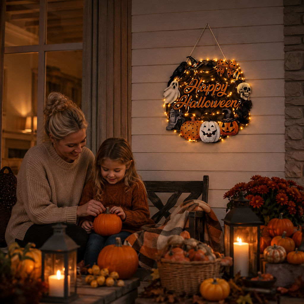Lighted Happy Halloween Wooden Door Sign for Spooky Holiday Decor 🎃✨