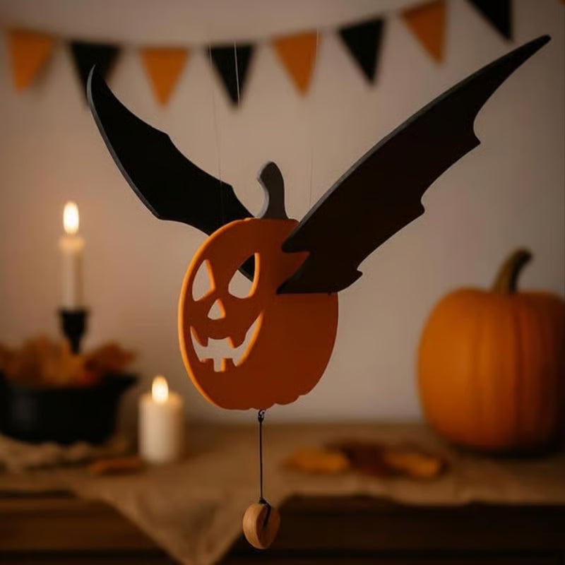 🎃 Flying Pumpkin Bat – Hanging Wooden Halloween