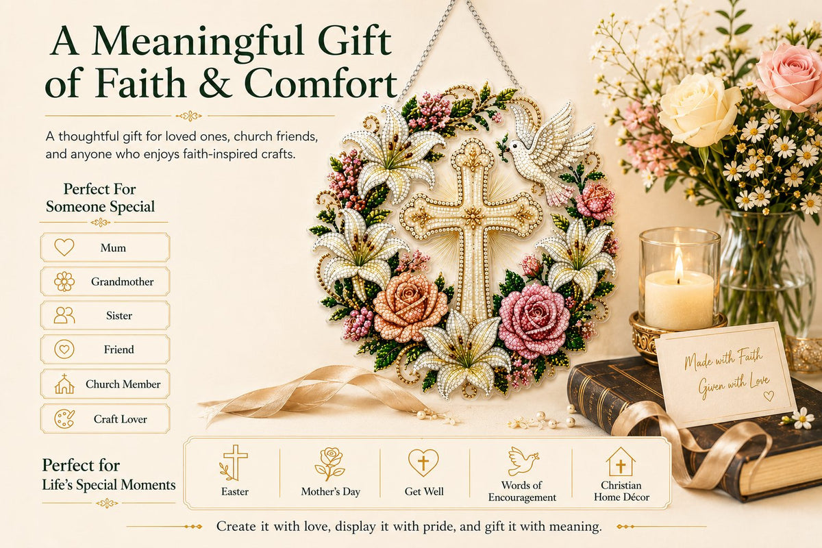 ✝️💐 Cross, Flowers & Dove Diamond Art Hanging Ornament Kit – A Relaxing DIY Craft Filled with Faith & Peace ✨🙏