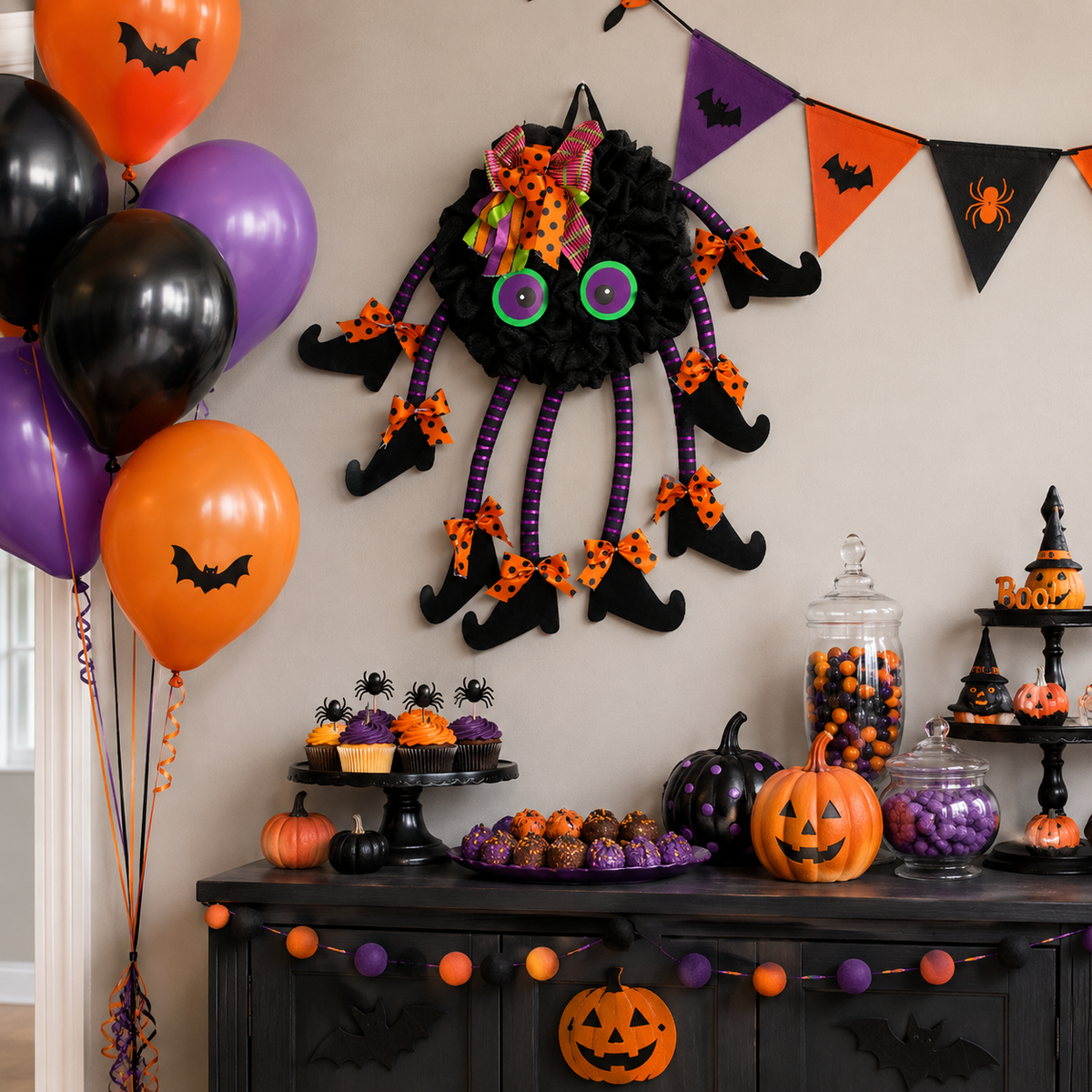 Halloween Spider Door Hanger--21.7 Inch Black Spider Wreath with Witch Legs
