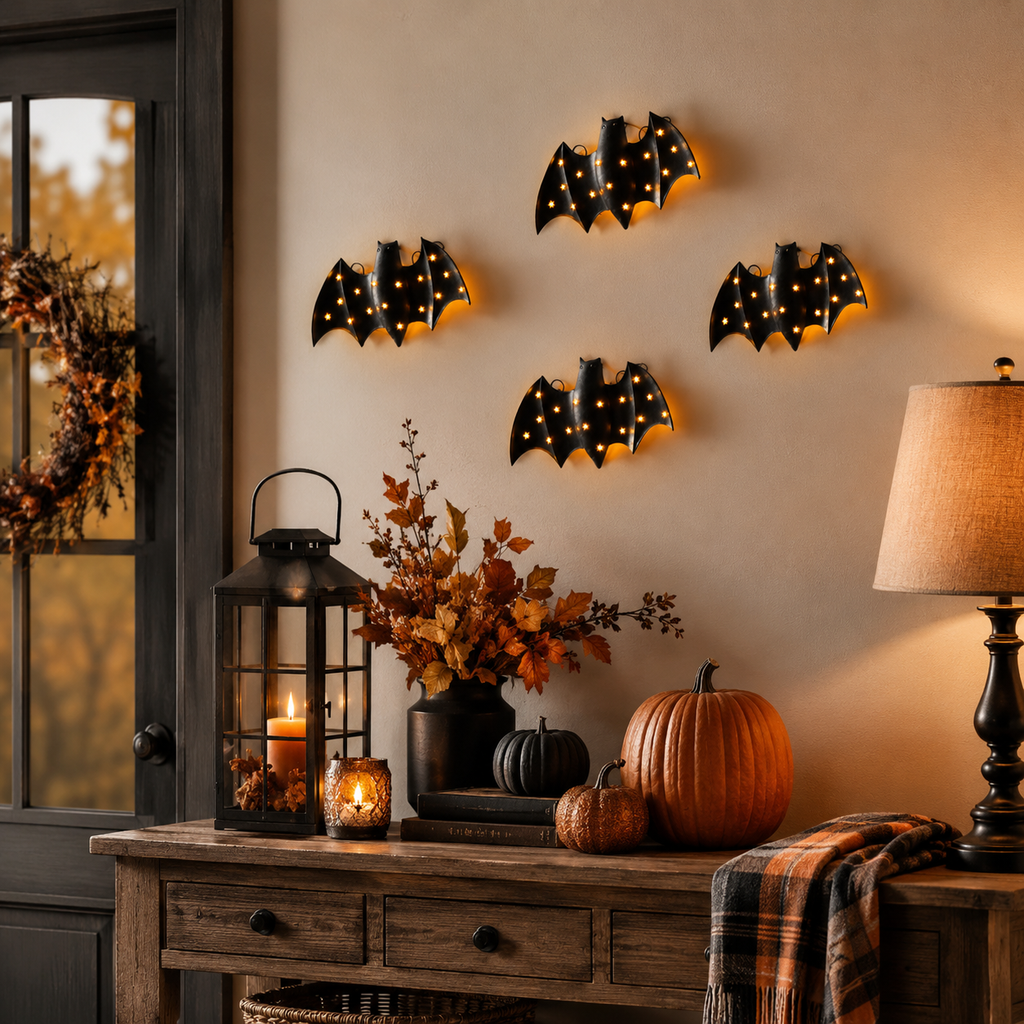 1pcs / Lighted Metal Bat Wall Decor -- 7.9 x 3.9 in Black Iron Bat Wall Hanging with Warm LED Glow