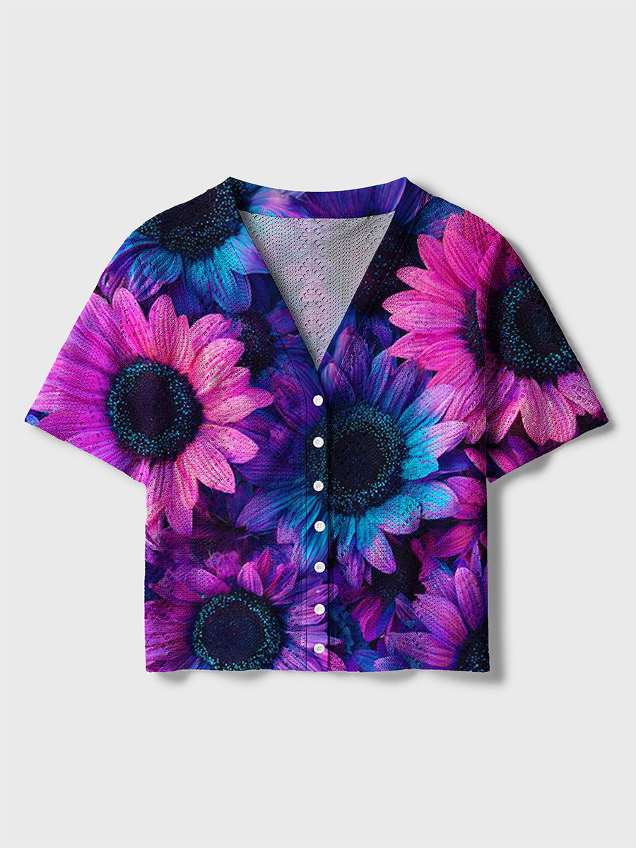 Neon Gradient Sunflower Print Crochet Button Down Cardigan