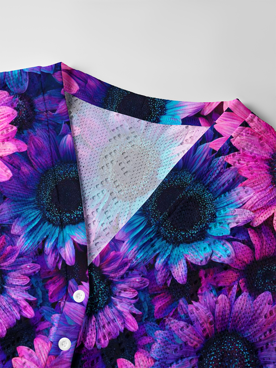 Neon Gradient Sunflower Print Crochet Button Down Cardigan