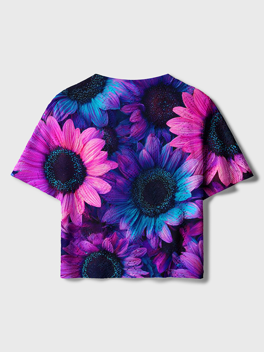 Neon Gradient Sunflower Print Crochet Button Down Cardigan
