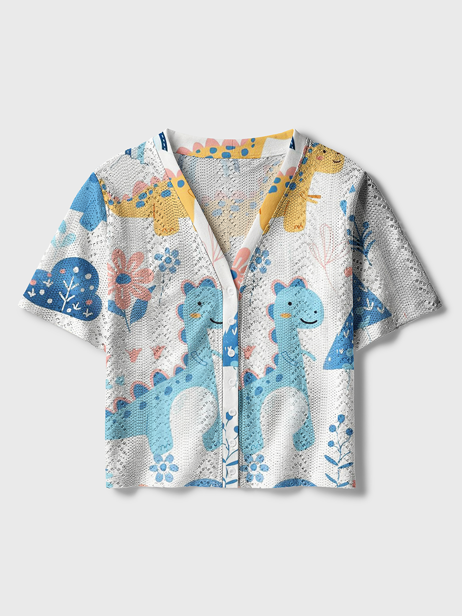 Cute Pastel Dinosaur Crochet Button Down Cardigan