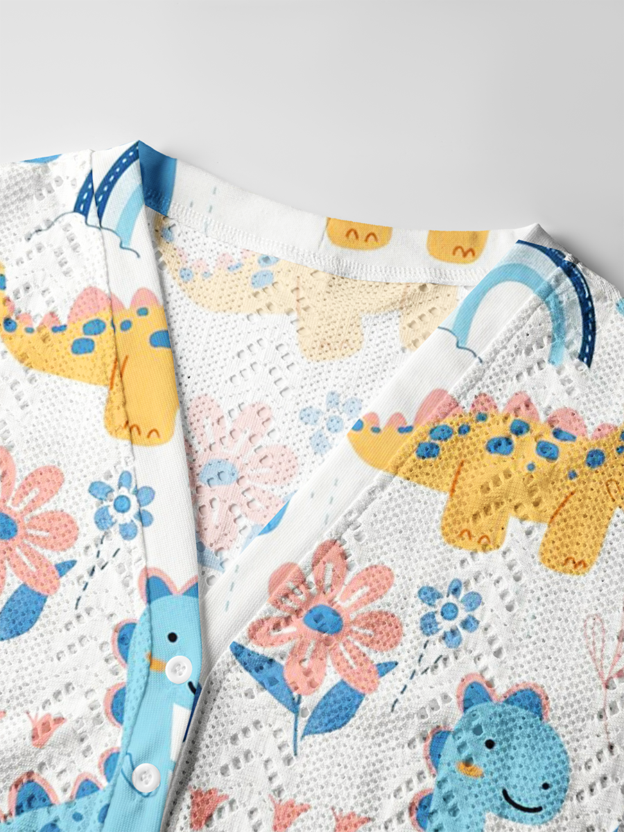 Cute Pastel Dinosaur Crochet Button Down Cardigan