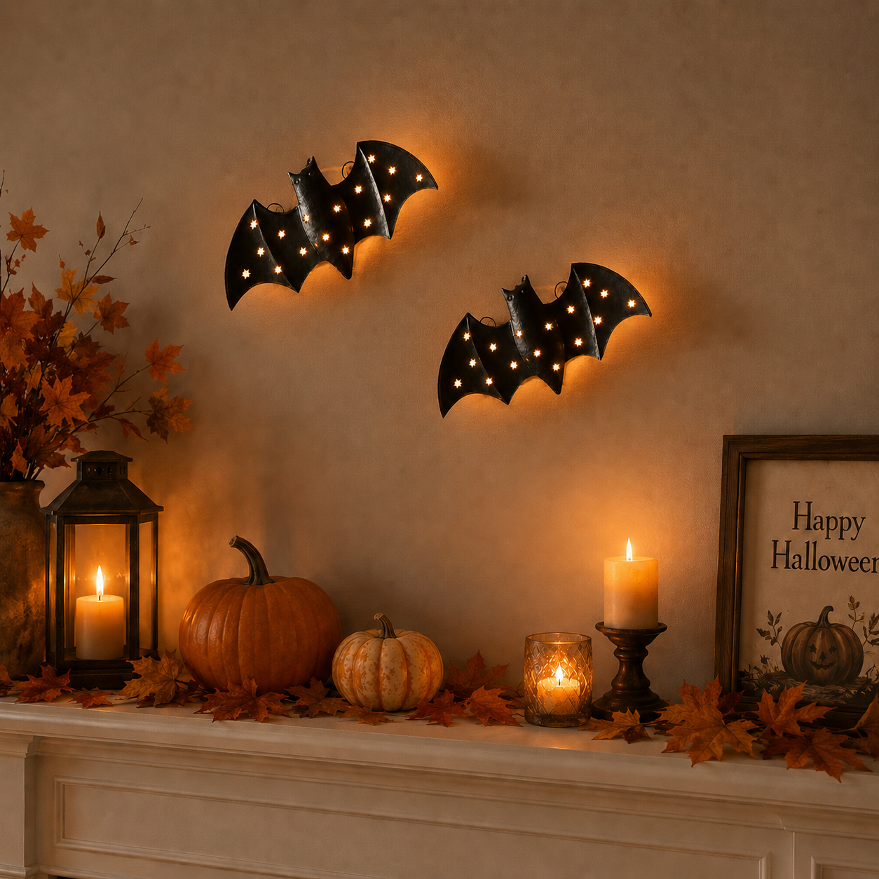 1pcs / Lighted Metal Bat Wall Decor -- 7.9 x 3.9 in Black Iron Bat Wall Hanging with Warm LED Glow