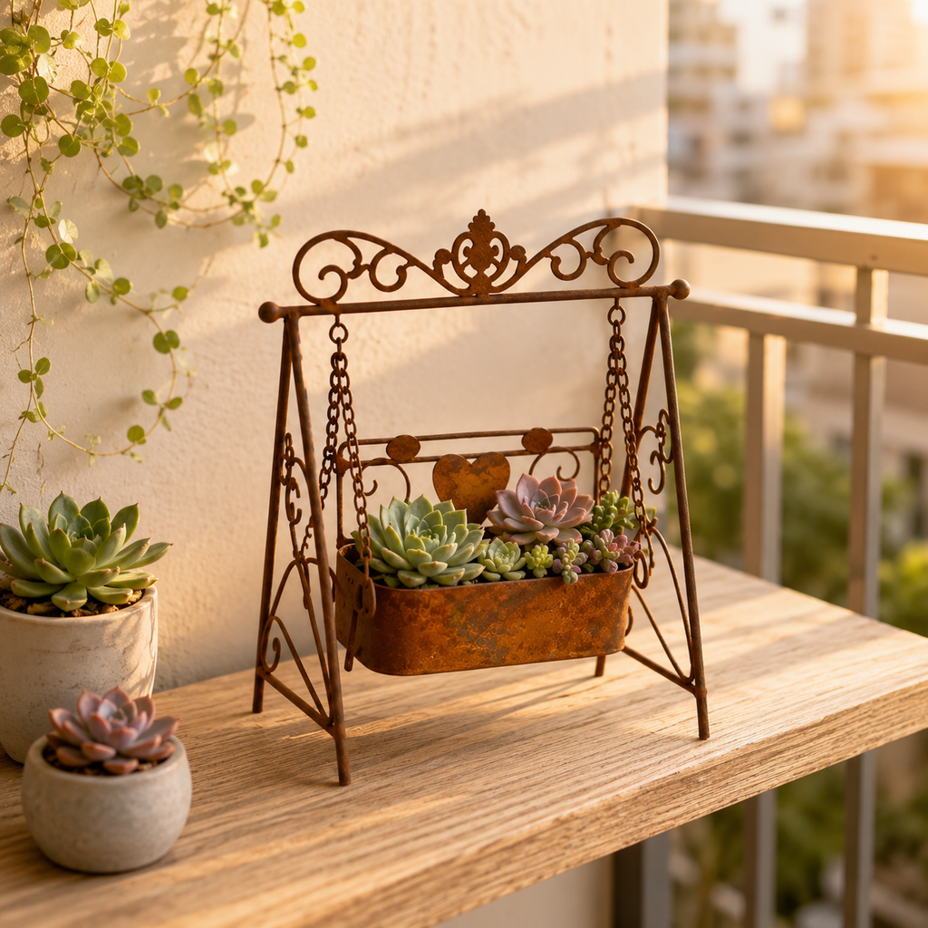 Rustic Metal Swing Chair Planter