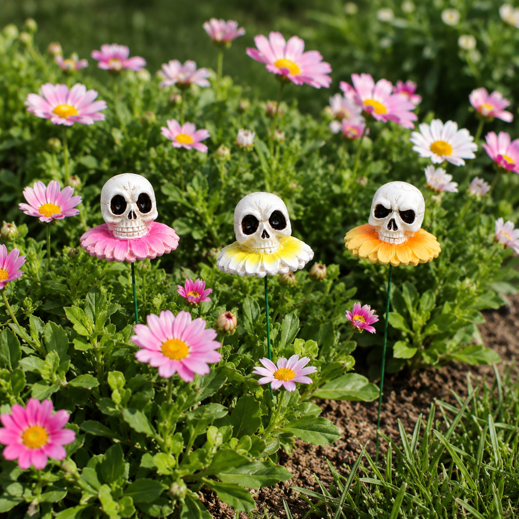 3pcs/Lot Gothic Dark Skull And Flower Figurine