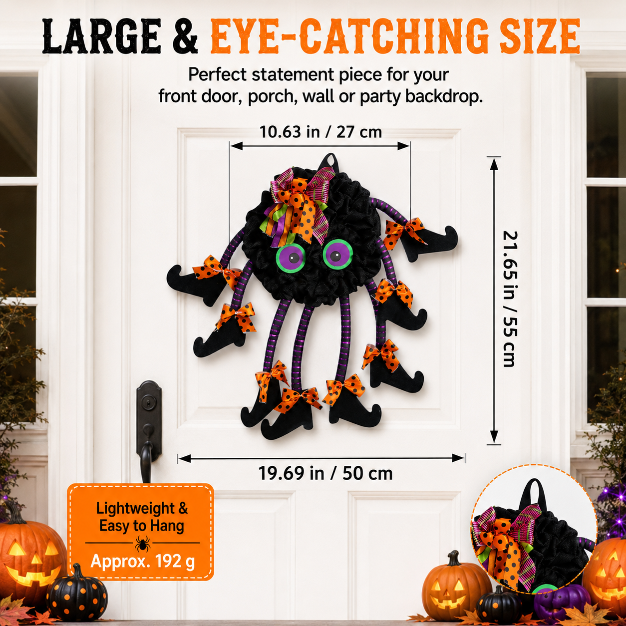 Halloween Spider Door Hanger--21.7 Inch Black Spider Wreath with Witch Legs