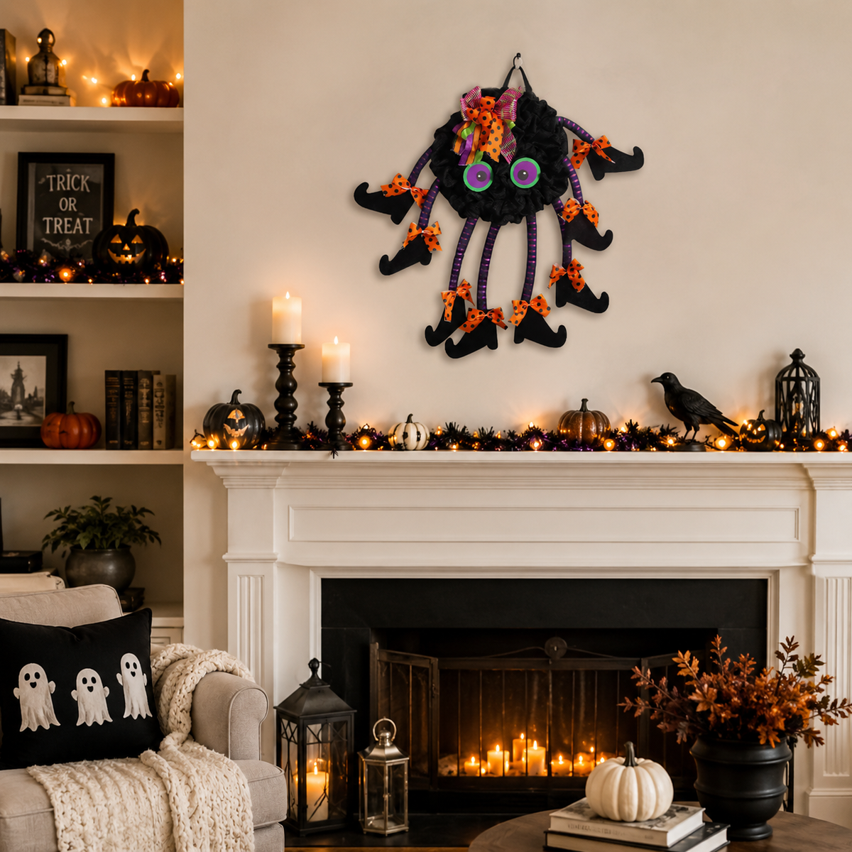 Halloween Spider Door Hanger--21.7 Inch Black Spider Wreath with Witch Legs