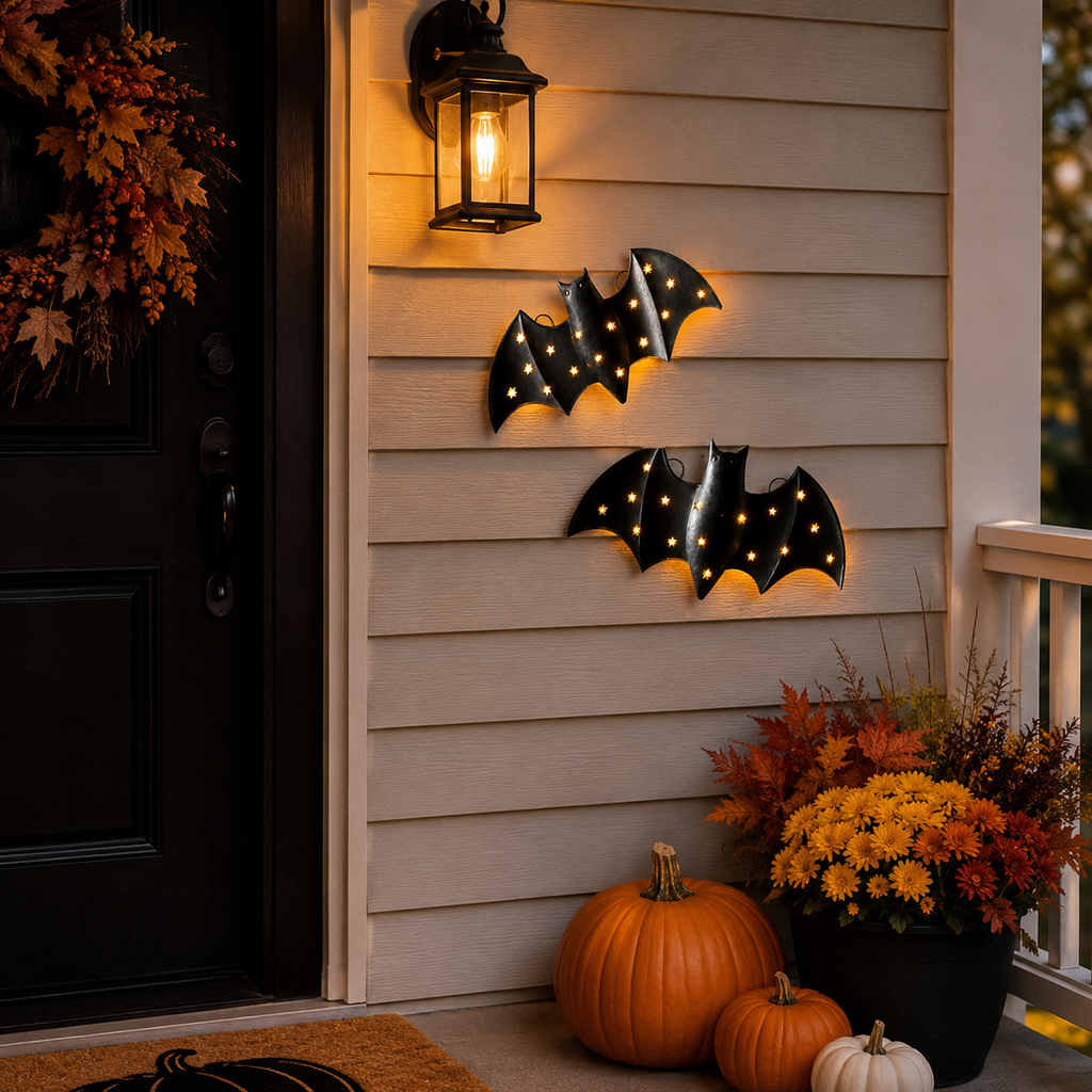 1pcs / Lighted Metal Bat Wall Decor -- 7.9 x 3.9 in Black Iron Bat Wall Hanging with Warm LED Glow