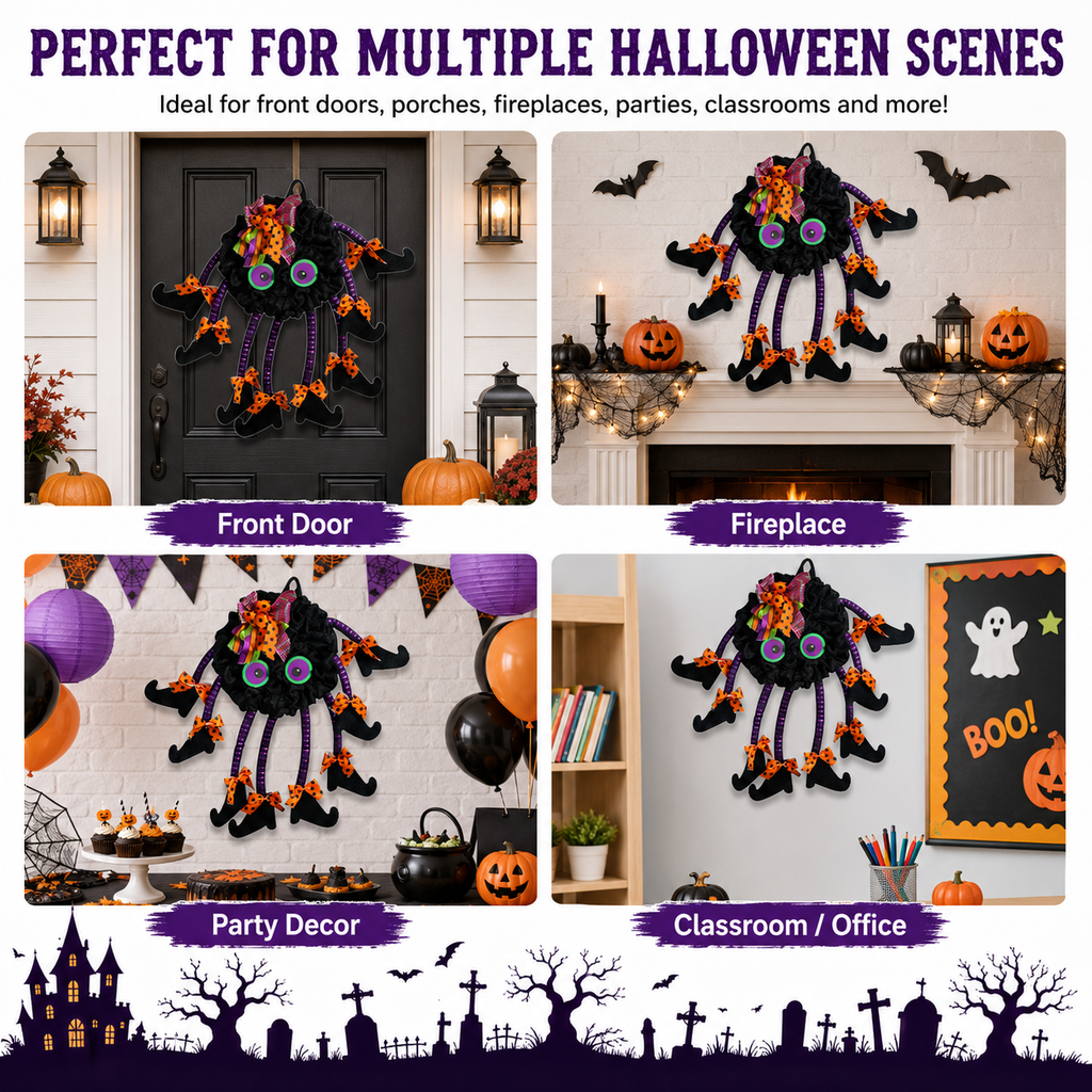 Halloween Spider Door Hanger--21.7 Inch Black Spider Wreath with Witch Legs