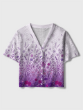Gradient Purple Line Art Wildflower Border Crochet Button Down Cardigan