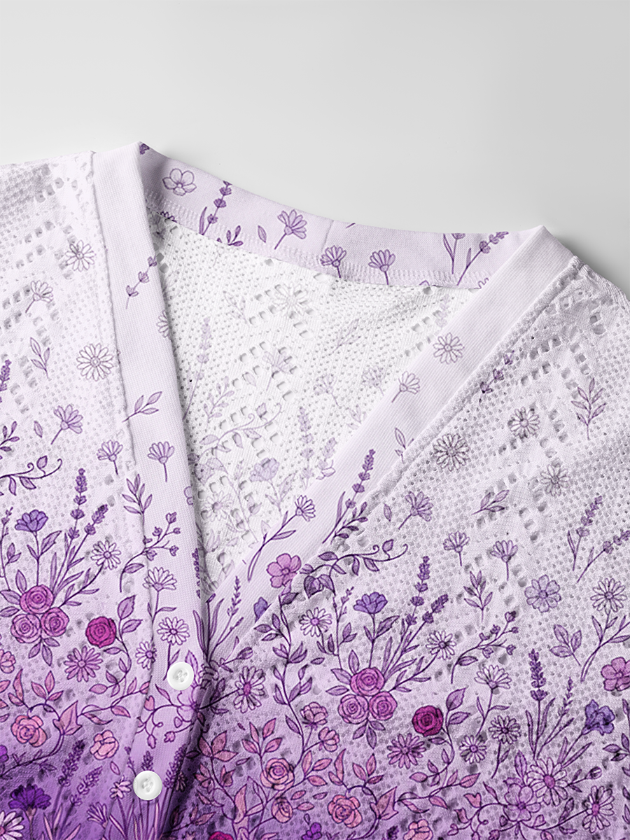 Gradient Purple Line Art Wildflower Border Crochet Button Down Cardigan