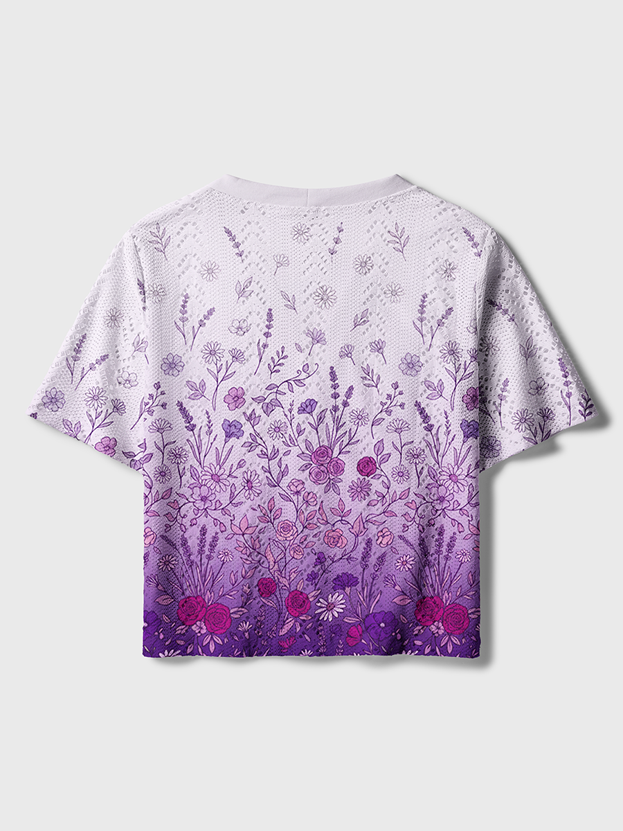 Gradient Purple Line Art Wildflower Border Crochet Button Down Cardigan