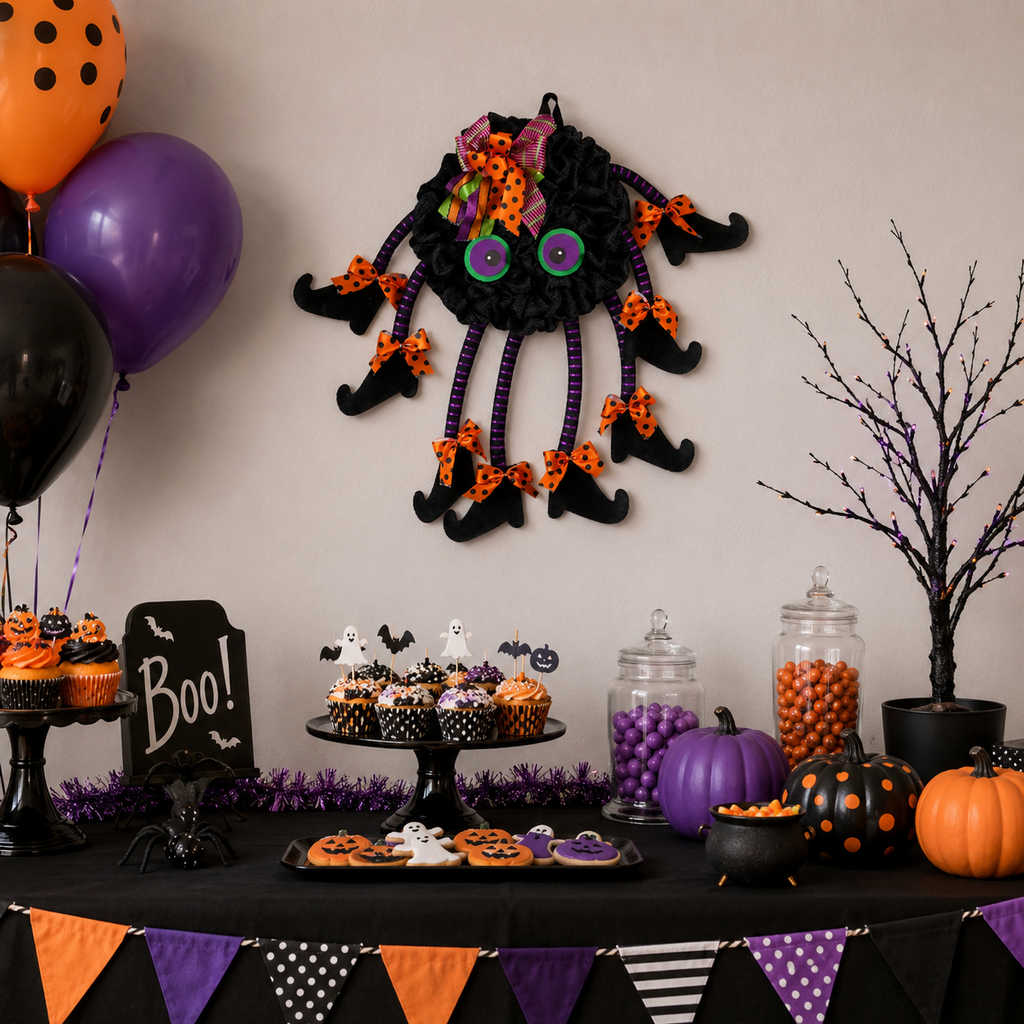 Halloween Spider Door Hanger--21.7 Inch Black Spider Wreath with Witch Legs