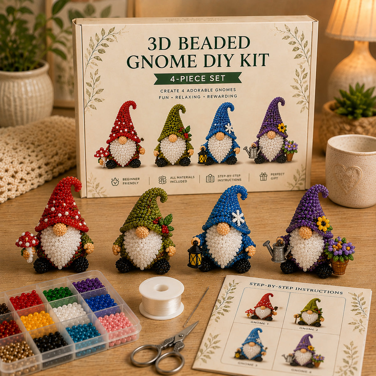 3D Beaded Gnome DIY Kit – Collectible Gnome Craft Set (4-Piece Series Collection)