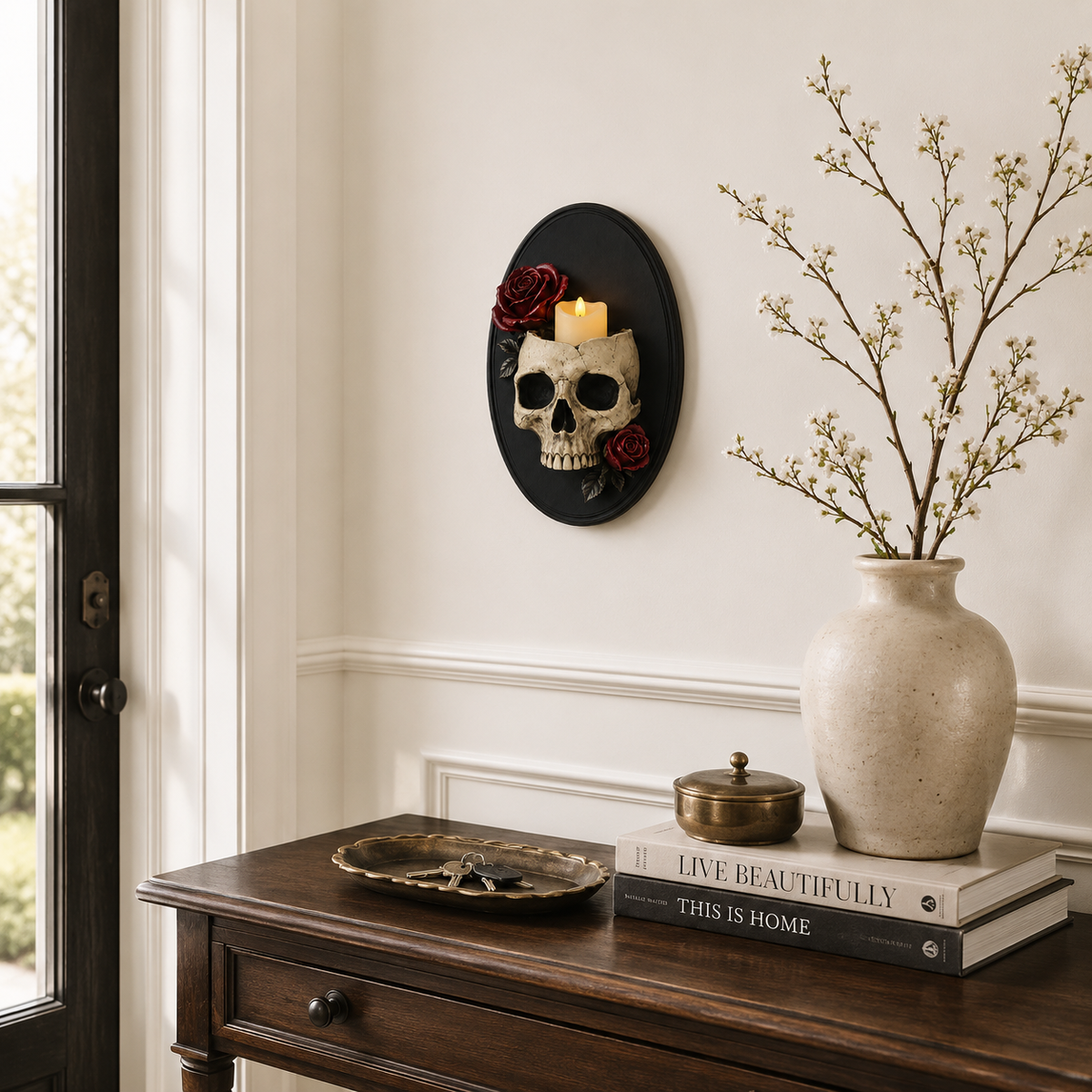 Gothic Skull Wall Candle Holder with Red Roses - Black Oval Wall Sconce Decor 🖤🌹