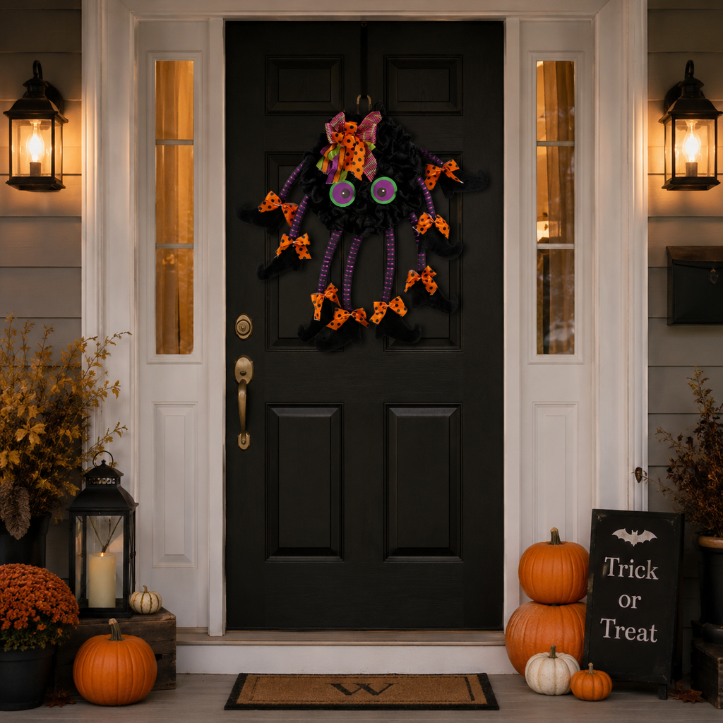 Halloween Spider Door Hanger--21.7 Inch Black Spider Wreath with Witch Legs