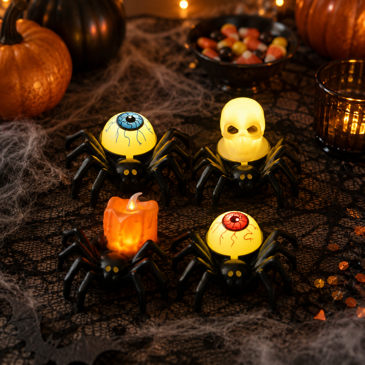 4-Pack Light-Up Spider Halloween Bracelets & Table Decor Set