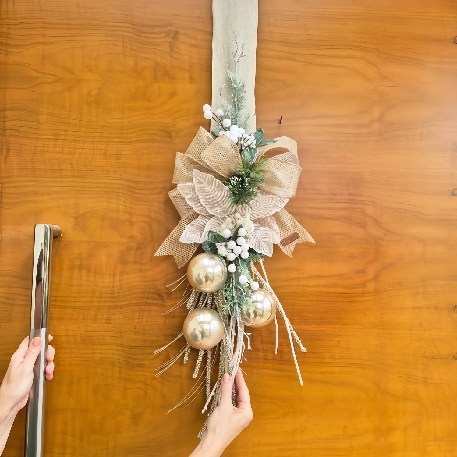 🎄Early Christmas Sale🔥Glam Gold Christmas Door Ribbon with Ornaments & Greenery