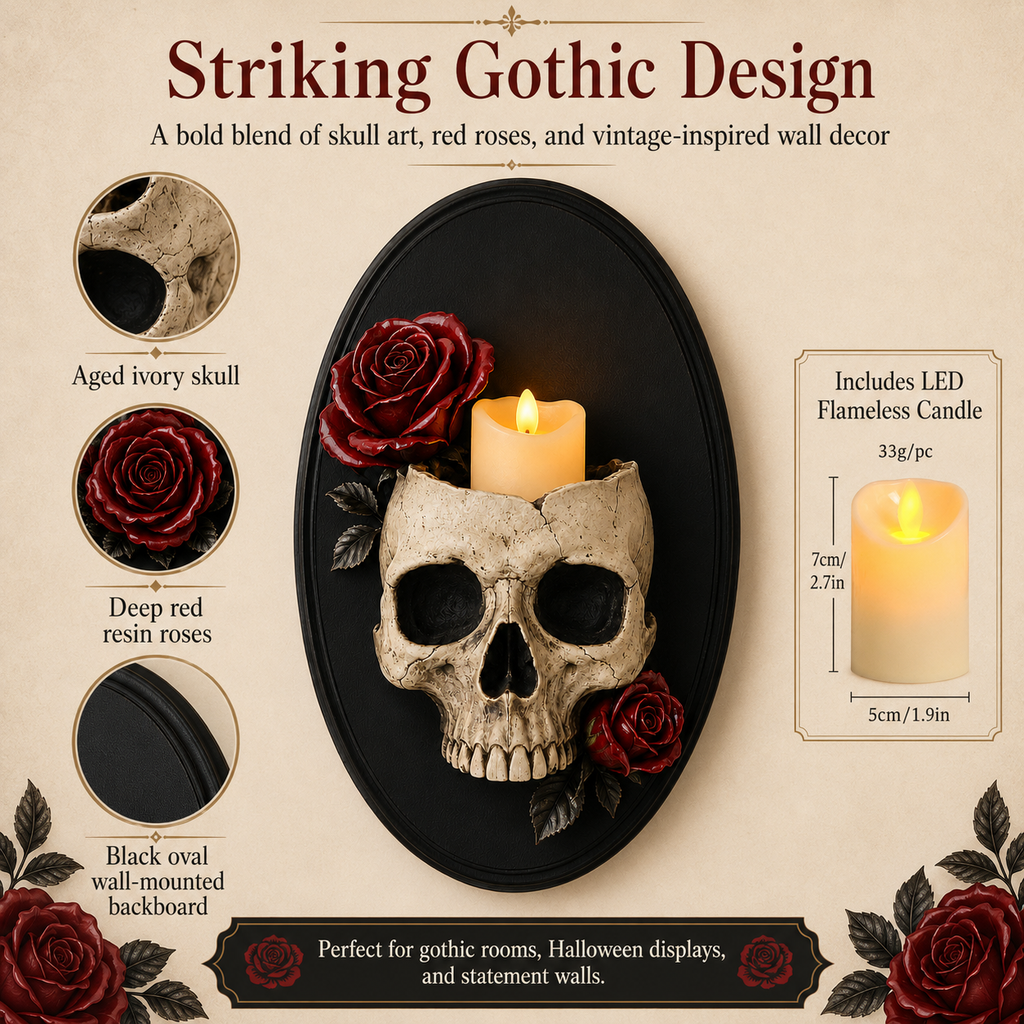 Gothic Skull Wall Candle Holder with Red Roses - Black Oval Wall Sconce Decor 🖤🌹