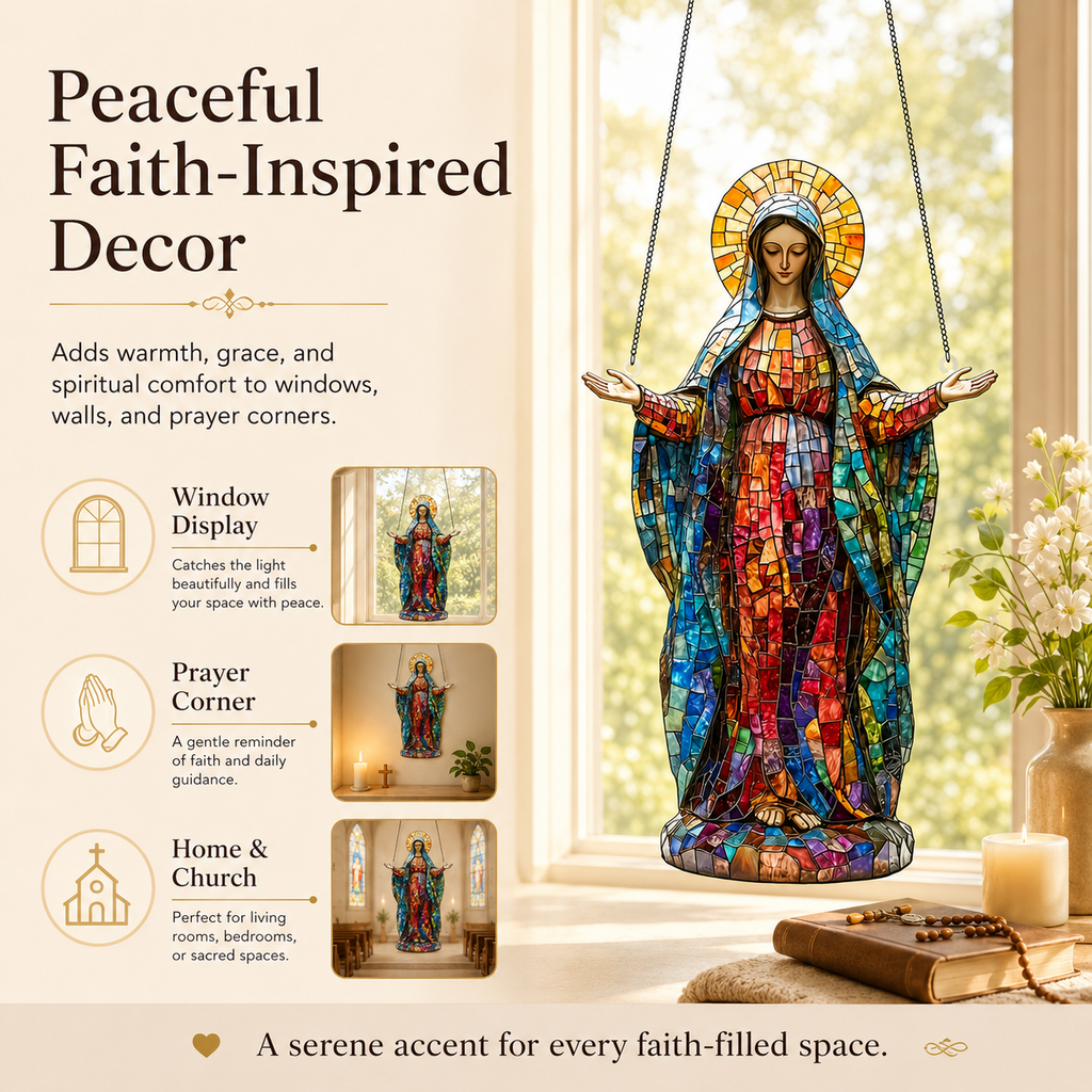 Virgin Mary Acrylic Window Hanging Decor, Stained Glass Style Religious Suncatcher Ornament with Chain, Catholic Christian Gift for Home, Church, Prayer Room, Christmas and Easter
