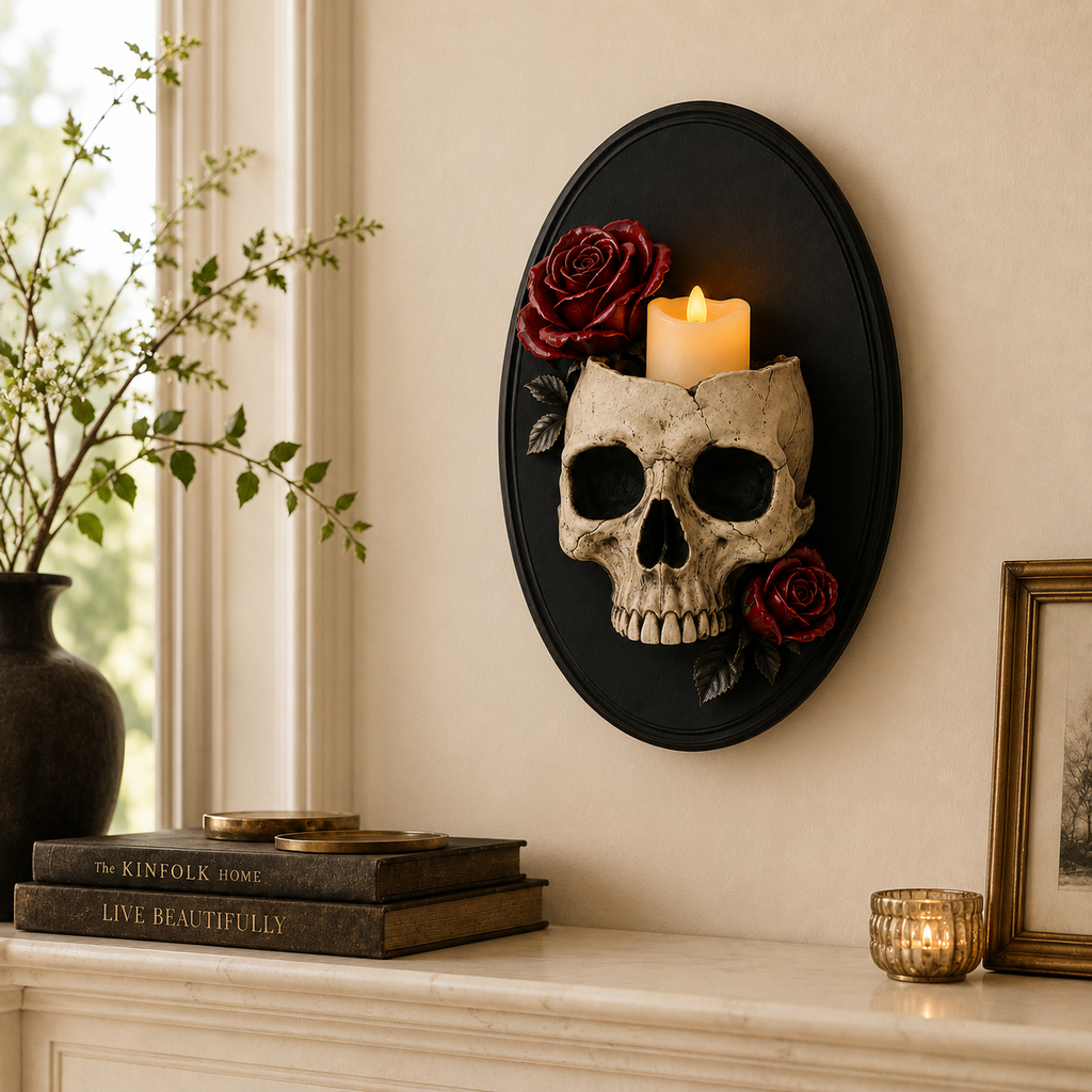 Gothic Skull Wall Candle Holder with Red Roses - Black Oval Wall Sconce Decor 🖤🌹