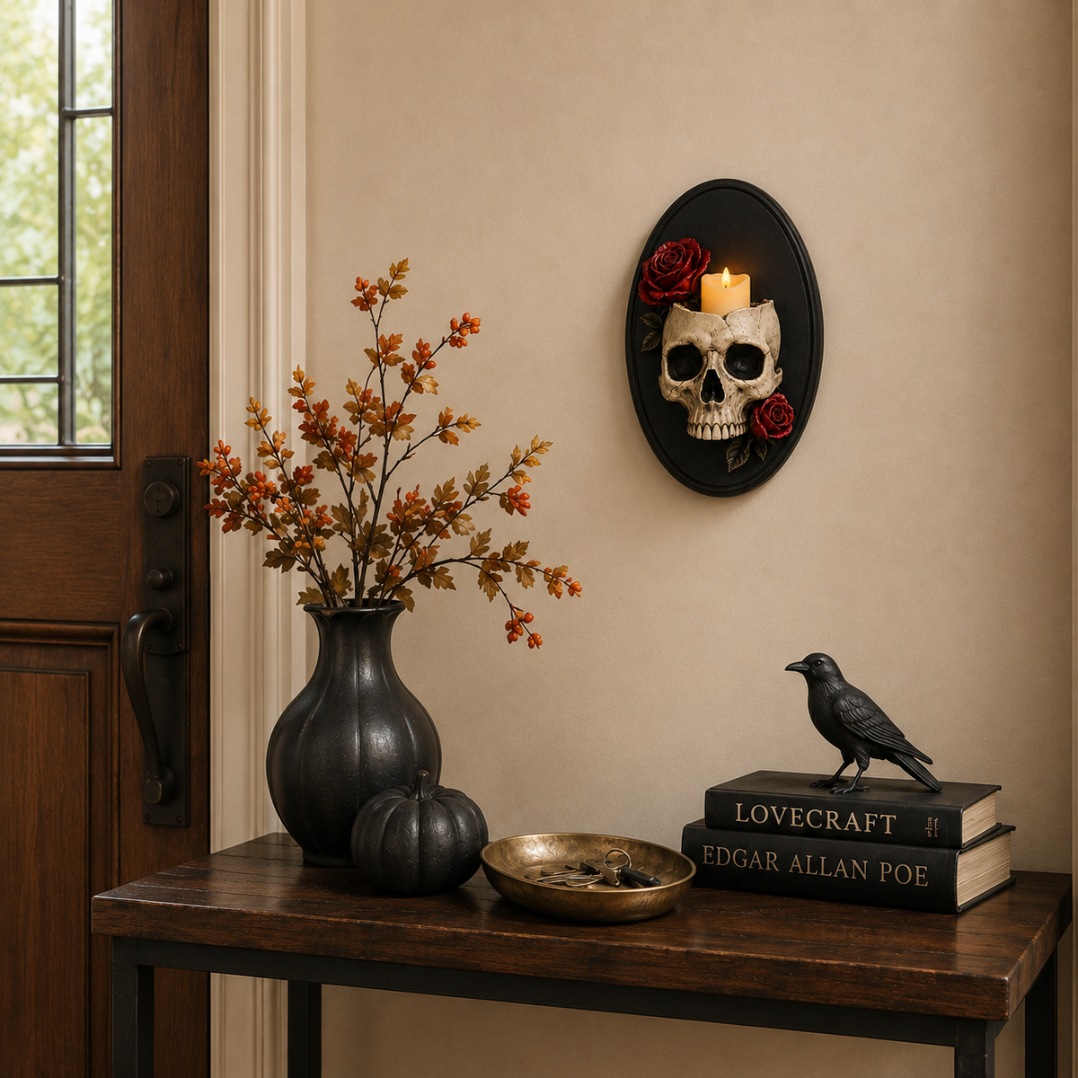 Gothic Skull Wall Candle Holder with Red Roses - Black Oval Wall Sconce Decor 🖤🌹