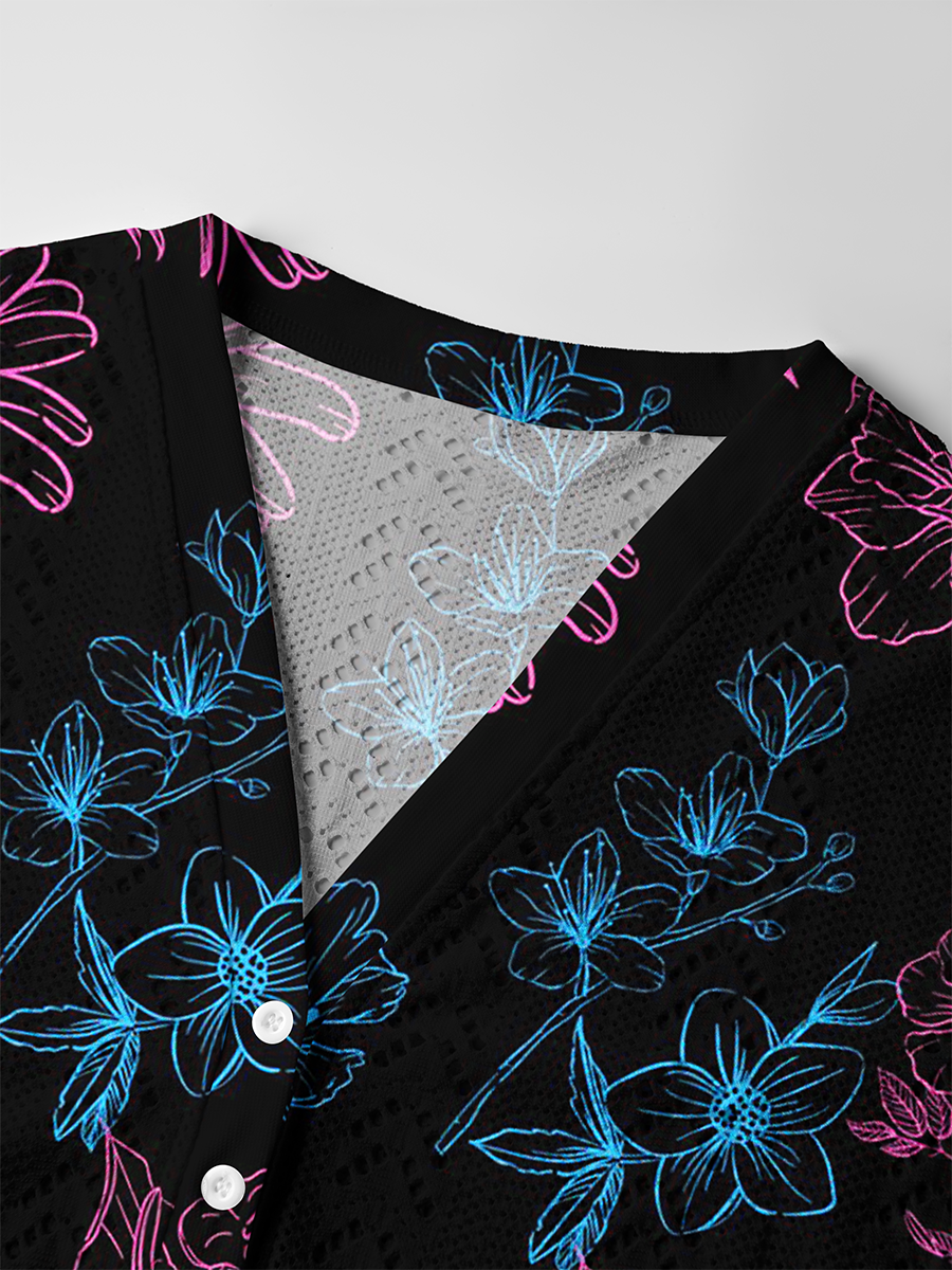 Glowing Sketch Flowers Crochet Button Down Cardigan