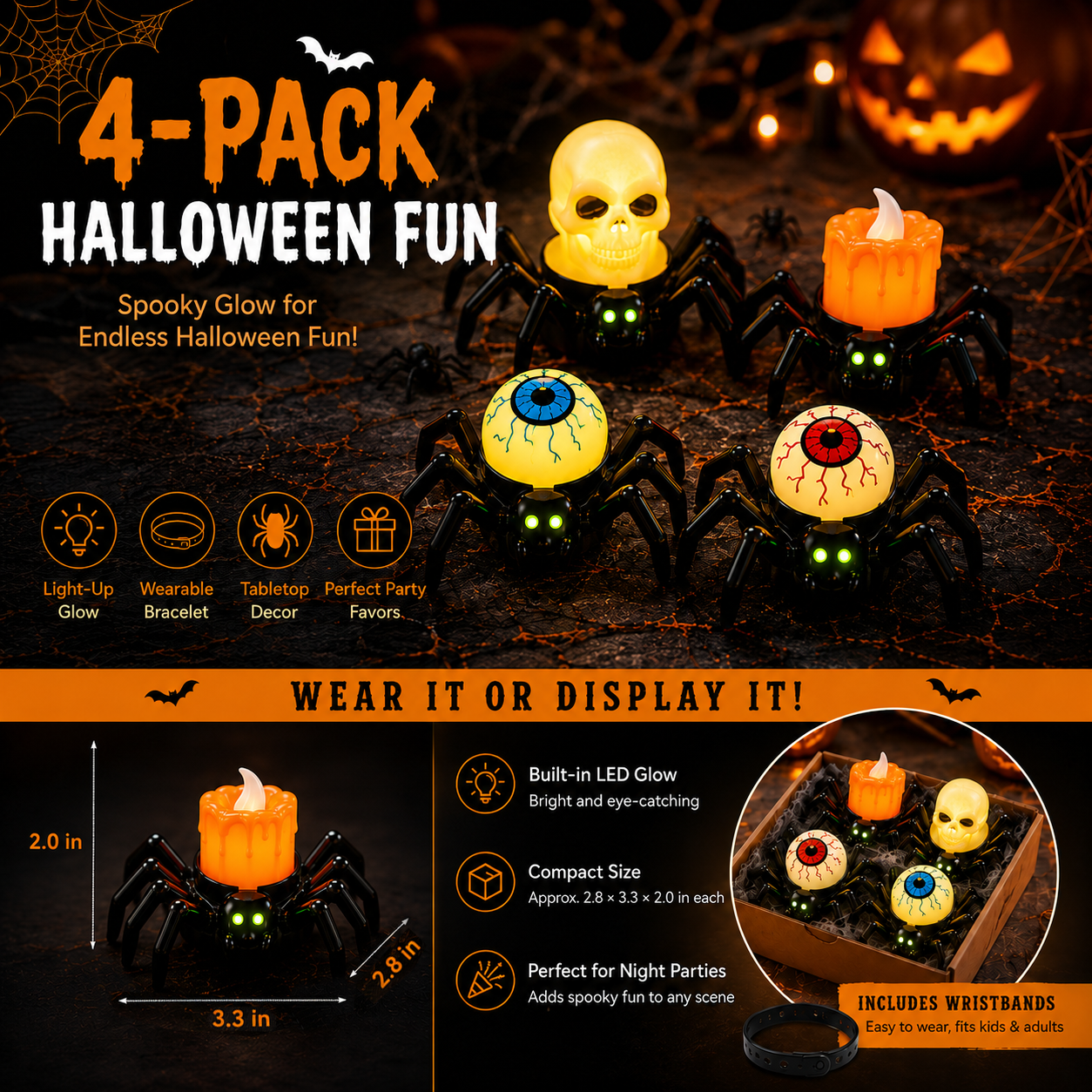4-Pack Light-Up Spider Halloween Bracelets & Table Decor Set