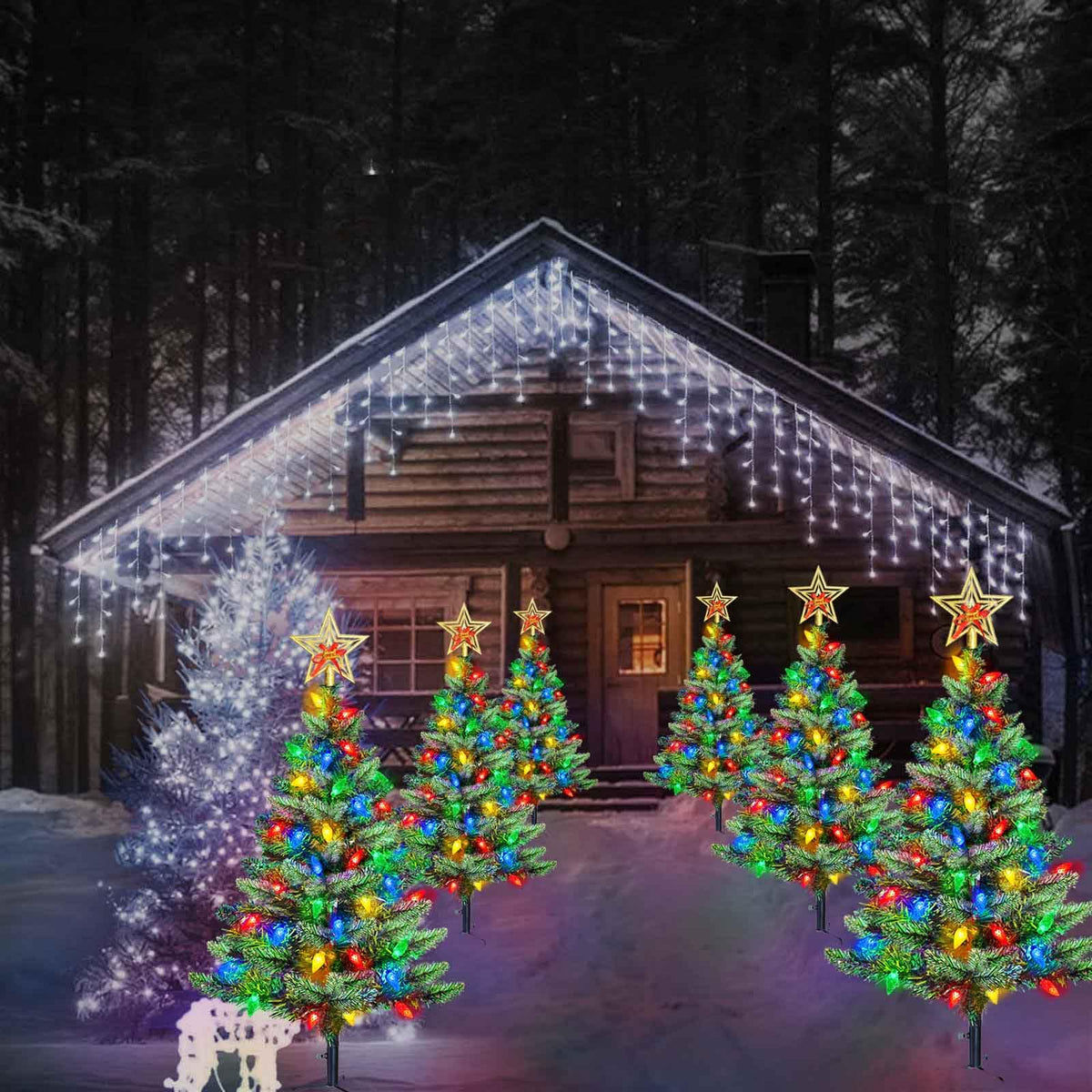 Set of 2 Pre-Lit Christmas Tree with Multicolor LED Solar Lights