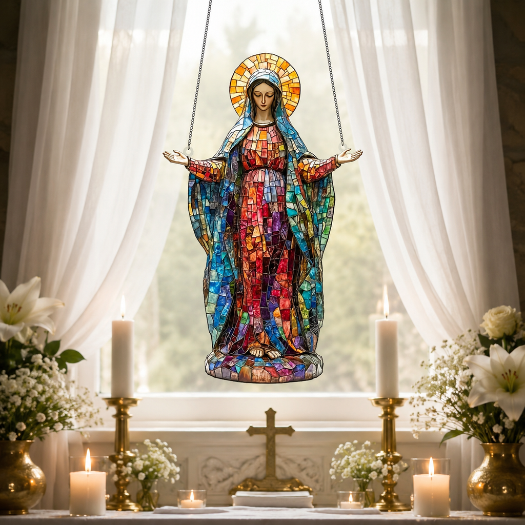 Virgin Mary Acrylic Window Hanging Decor, Stained Glass Style Religious Suncatcher Ornament with Chain, Catholic Christian Gift for Home, Church, Prayer Room, Christmas and Easter