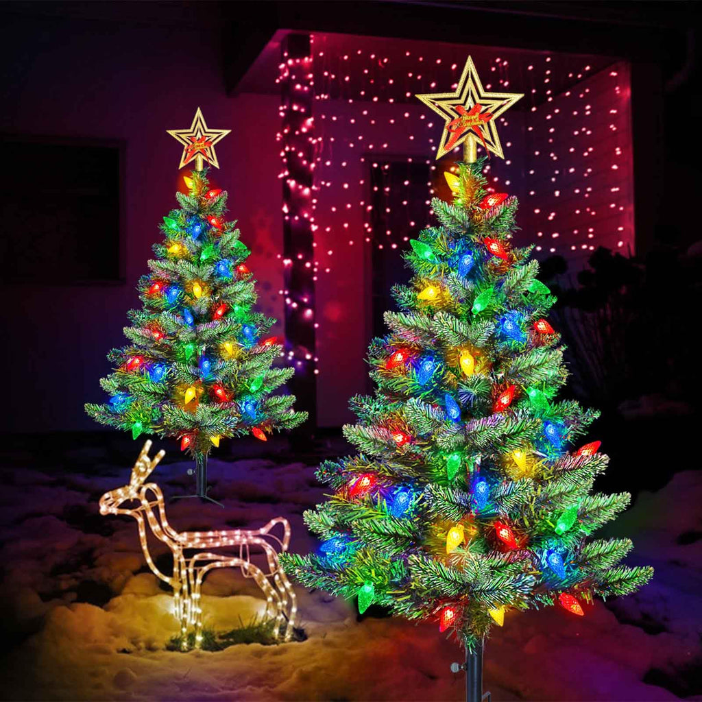 Set of 2 Pre-Lit Christmas Tree with Multicolor LED Solar Lights