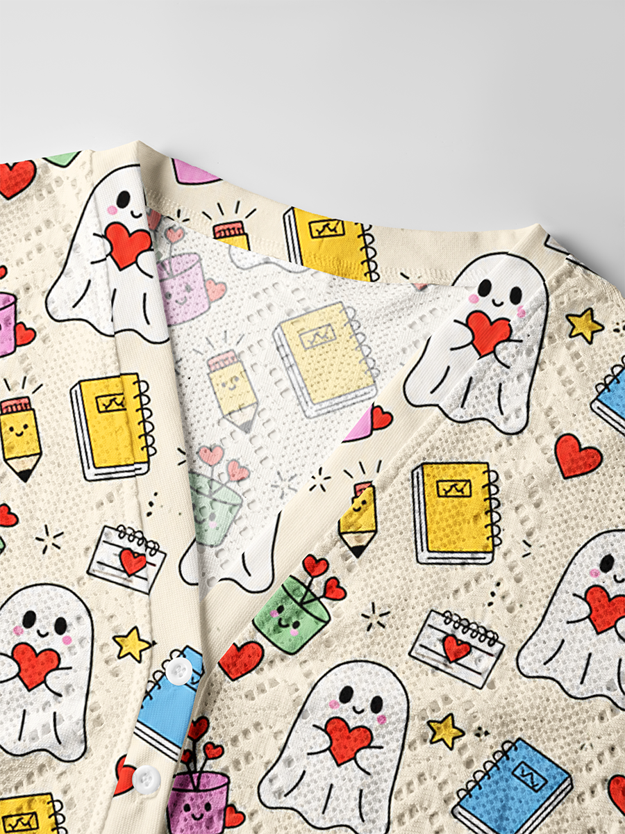 Cream Cute Heart Ghost School Supply Crochet Button Down Cardigan