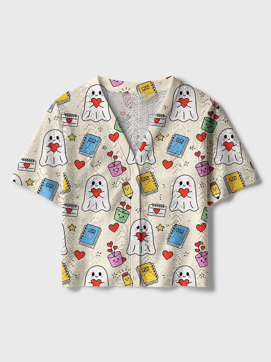 Cream Cute Heart Ghost School Supply Crochet Button Down Cardigan