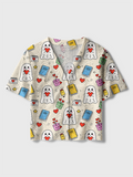 Cream Cute Heart Ghost School Supply Crochet Button Down Cardigan