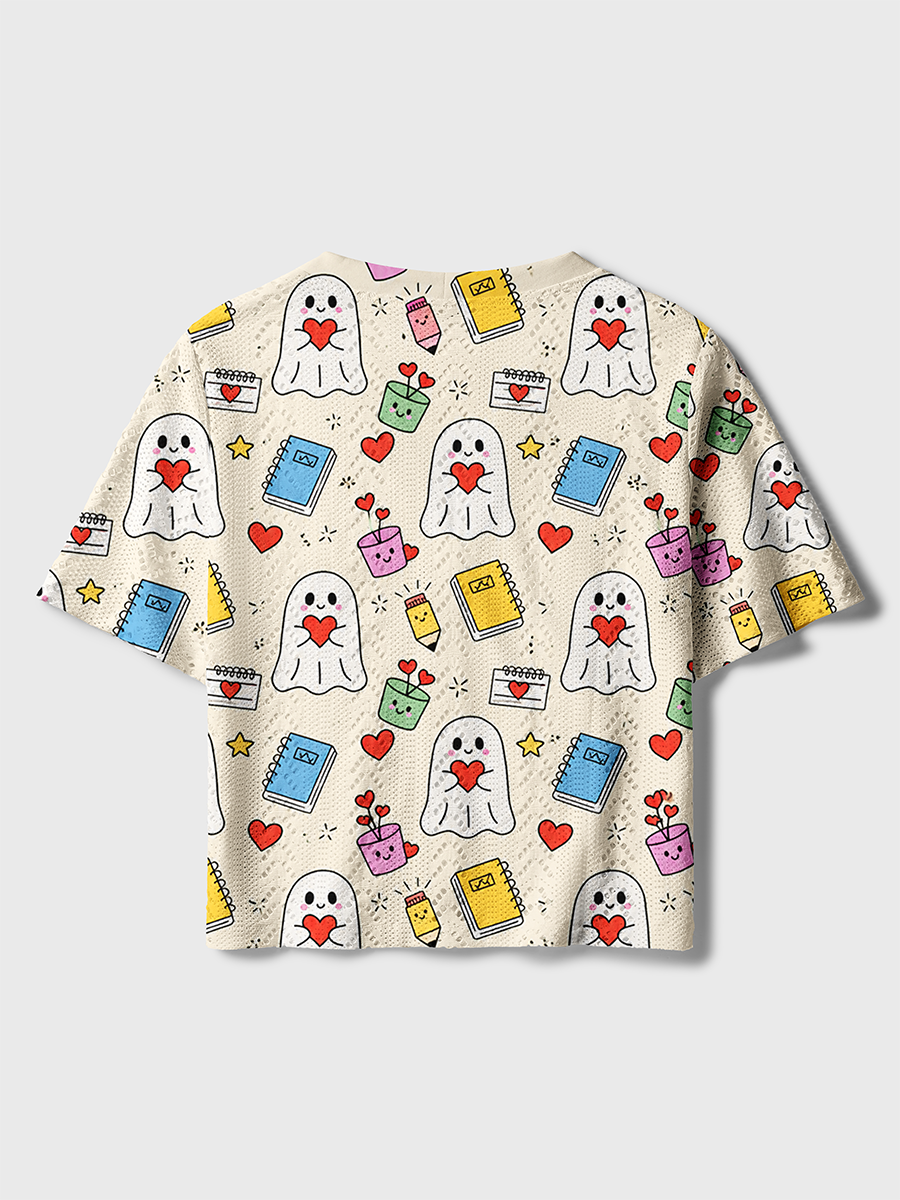Cream Cute Heart Ghost School Supply Crochet Button Down Cardigan