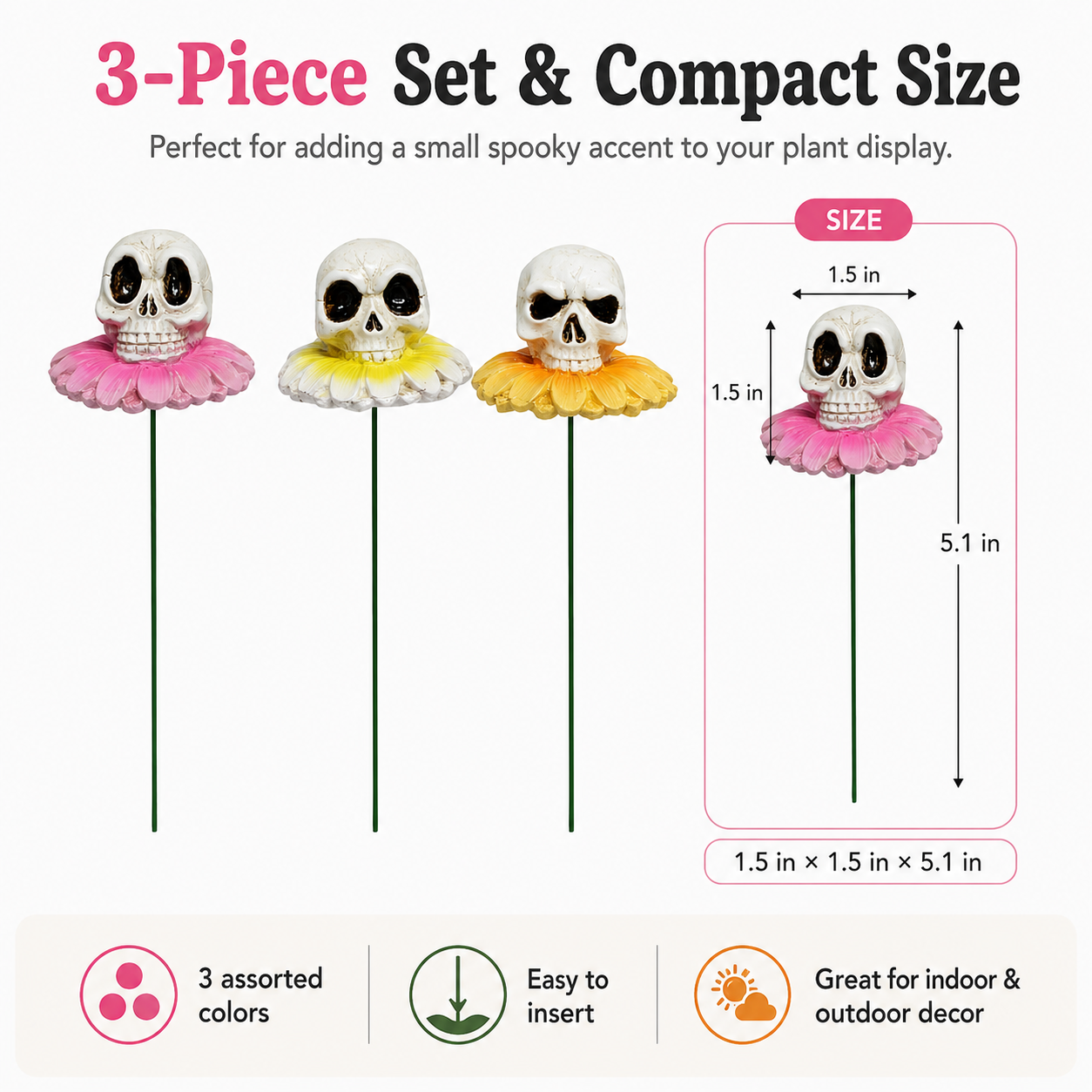 3pcs/Lot Gothic Dark Skull And Flower Figurine