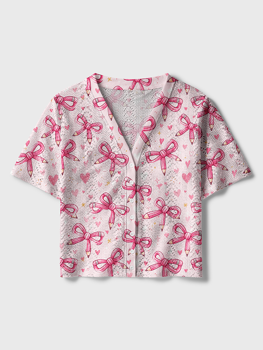 Bow Coquette Heart Glitter Crochet Button Down Cardigan